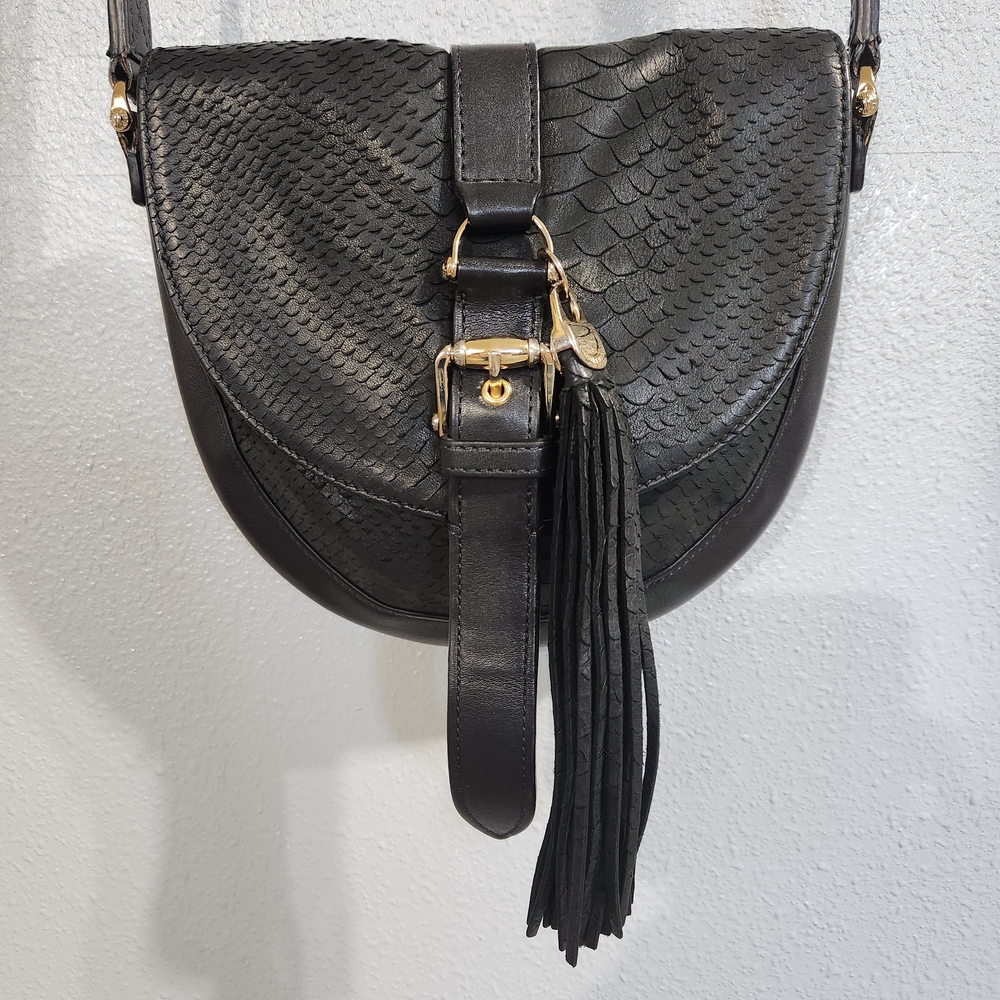 Henri Bendel Black Leather Snake-Embossed Crossbody Bag Rare! HTF Saddle Purse